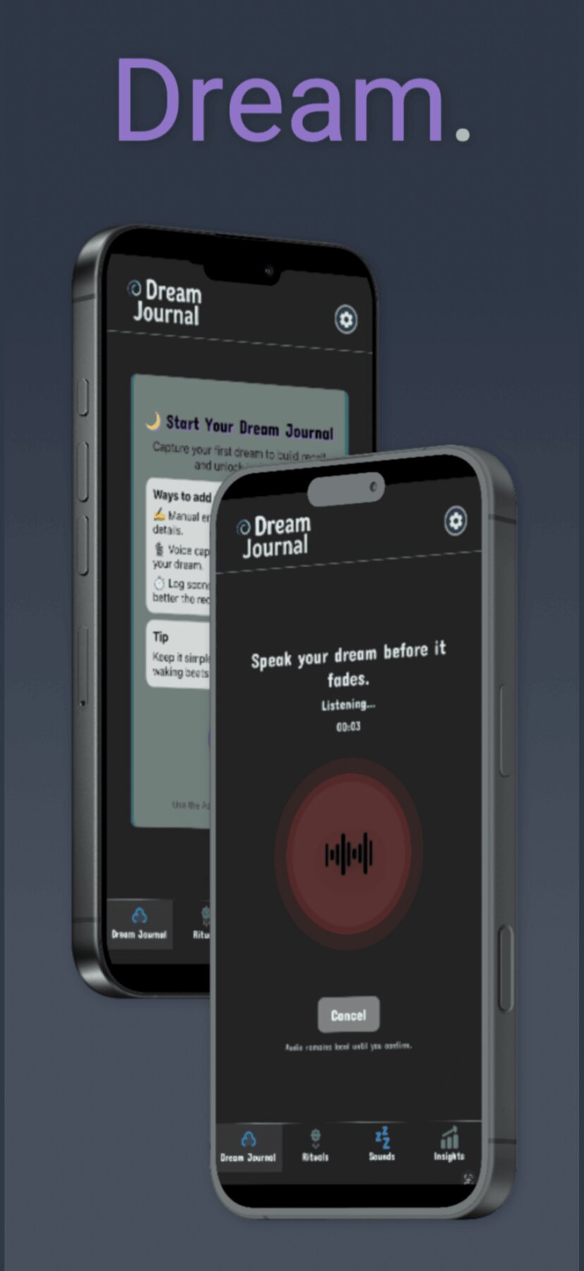 Morpheus AI Dream Analyst screen with voice capture — “Speak your dream before it fades”